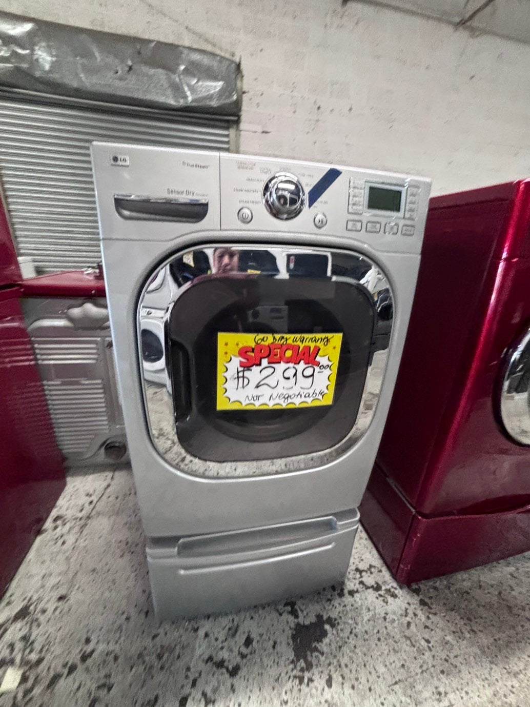 >*LG gray  Dryer electric 220v in front load w/pedestal extra storage stainless steel drum large capacity 27" used-refurbished #EGE44XB
