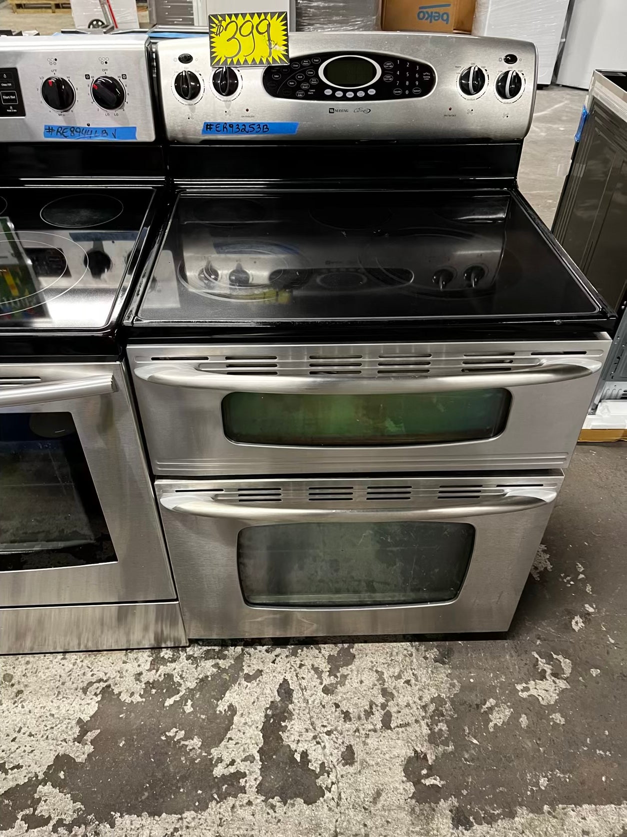 Maytag electric 220v glass top double oven range 5 burner Refurbished convection bake Broil self clean stainless steel 30" #ER93253B