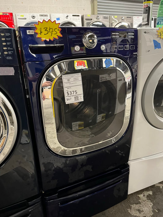 LG Dryer electric 220v navy blue front load w/pedestal extra storage stainless steel drum large capacity 27" refurbished #ED339WB
