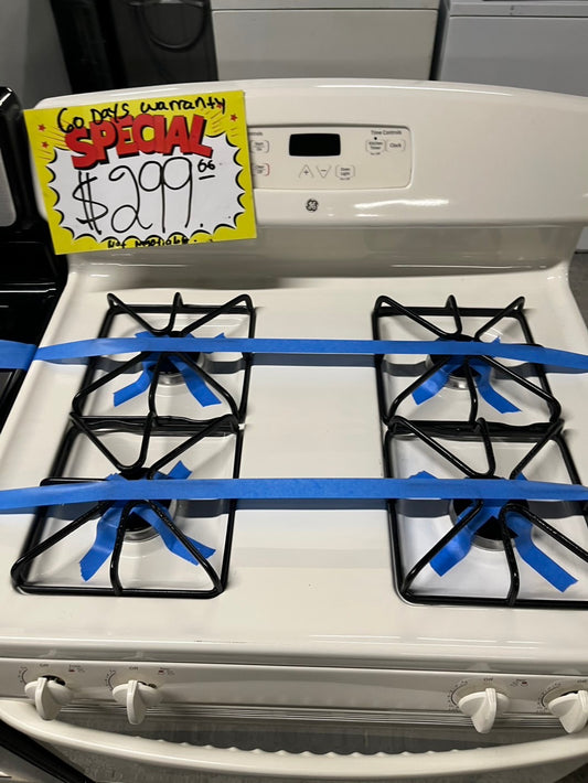 GE Gas range 4 burner bake broil hi/lo in off white Refurbished 30" #GRS23B