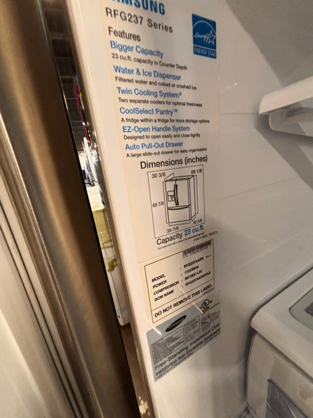 }} SPECIAL 🔥Samsung 36”x 68”1/2 H French door Refrigerator counter depth  24.1/2 depth , stainless steel w/ ice water dispenser , good  condition 36" used-refurbished #SJFDD24B
