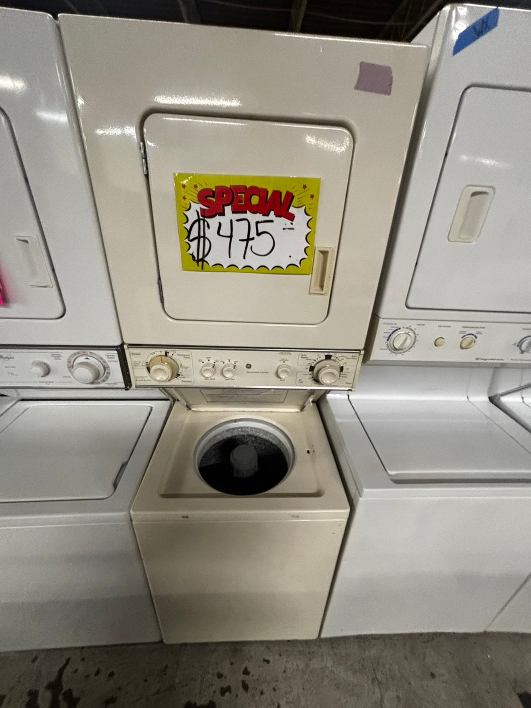 >GE stacked laundry center Electric 220v washer & dryer set used -in off white 24" #LCGY7B