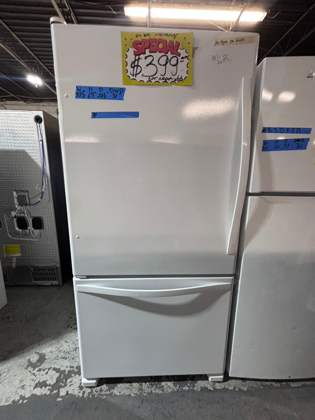 >>whirlpool 33” bottom freezer refrigerator no ice maker white color 33" used-refurbished #RFW9D5B