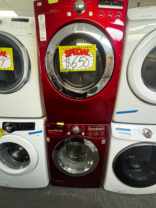 LG front load red washer & dryer set stackable or side by side electric 220v stackable large capacity #LGWDS994HL
