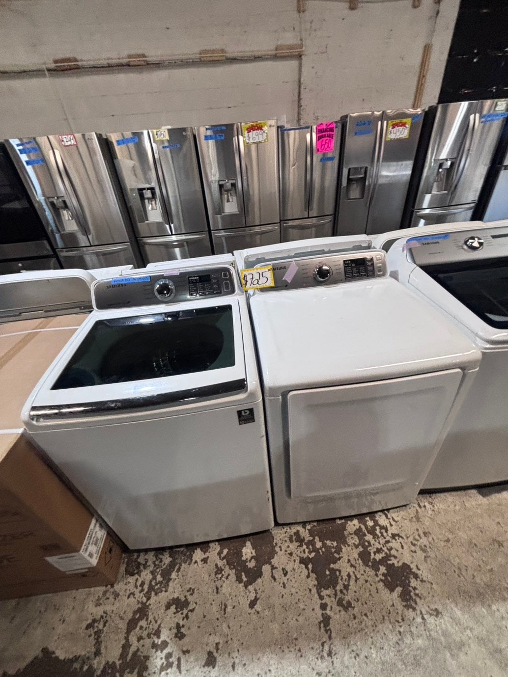 >*samsung white  top top load washer large capacity & dryer set electric 220v side x side top load stainless steel drum white color used-refurbished #W5Z6YB