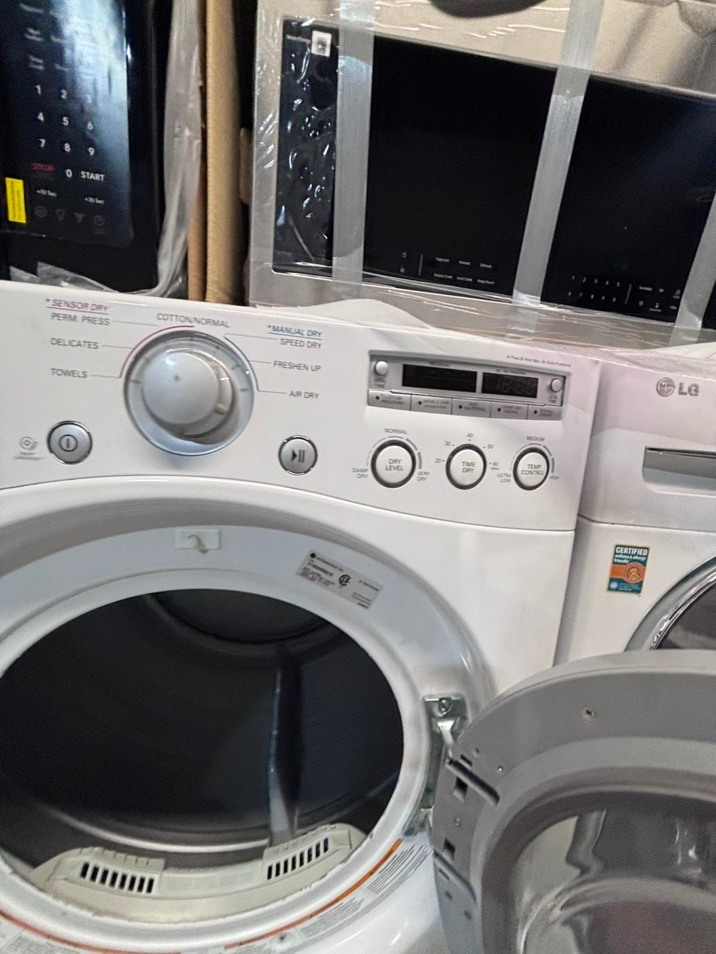 >*used- refurbished LG front load washer & dryer set  electric 220v large  capacity with pedestals in red color 27” #SFL55V7B