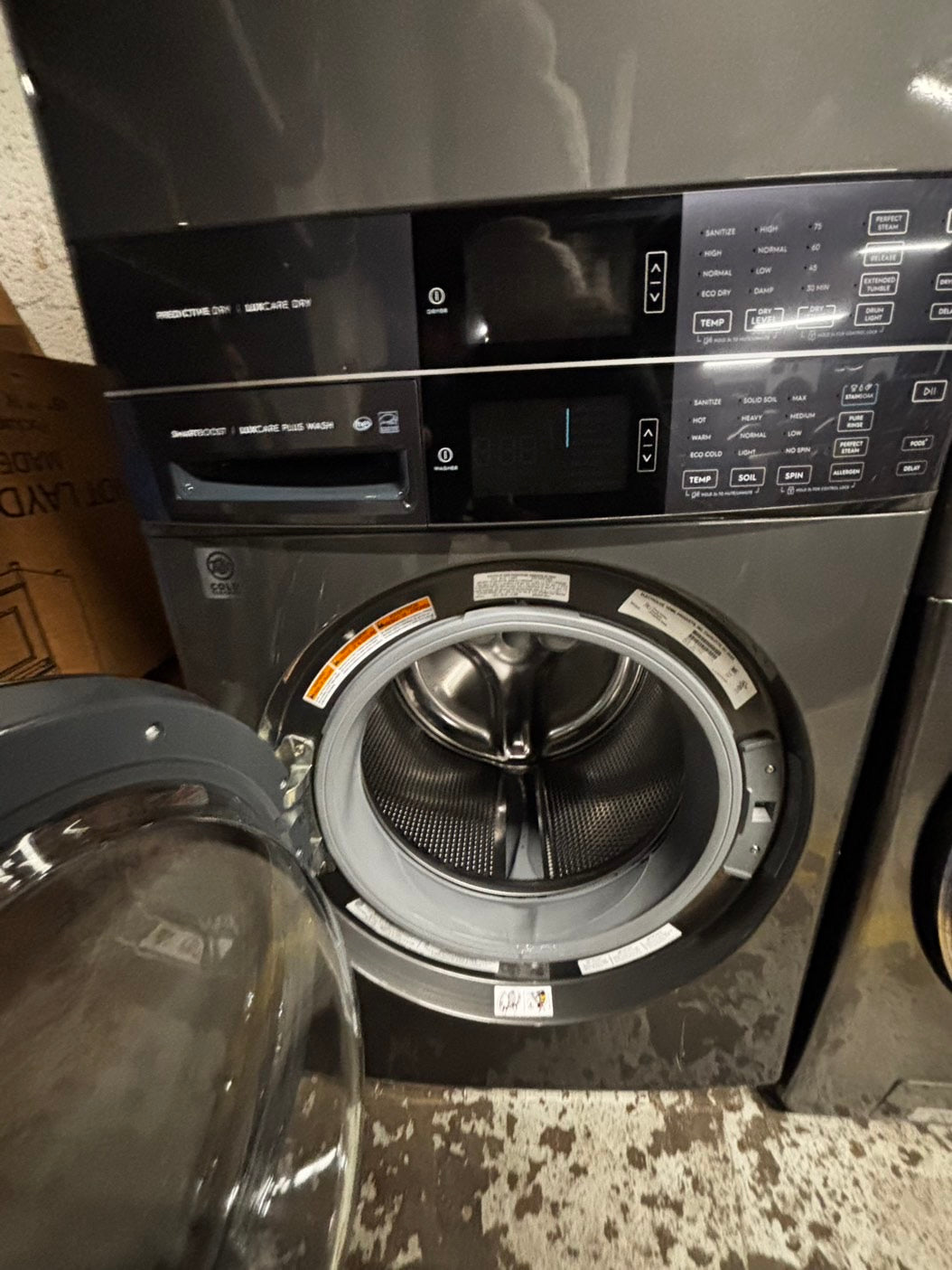 >gas Electrolux gas 27” wash-tower (washer & dryer) large capacity one unit staked  in dark gray color used refurbished #GD94G4B