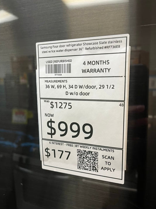 Samsung Four door refrigerator Showcase Slate stainless steel w/ice water dispenser 36" Refurbished #RF736EB