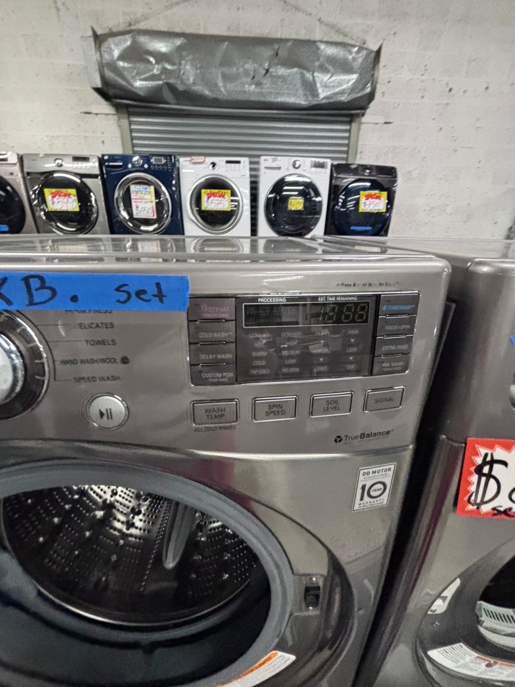>used- refurbished LG front load washer & dryer set electric 220v large capacity with pedestals in stainless steel 27” #ELY3X45B