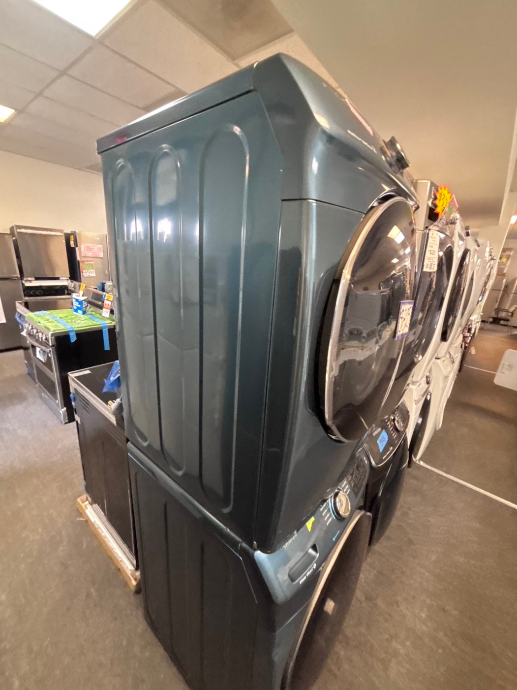 >special price 🔥Samsung washer 4.5 cu ft & dryer 7.5 cu ft set electric 220v front load stackable or side by side - sensor dry He in sky blue color  #WDS411L