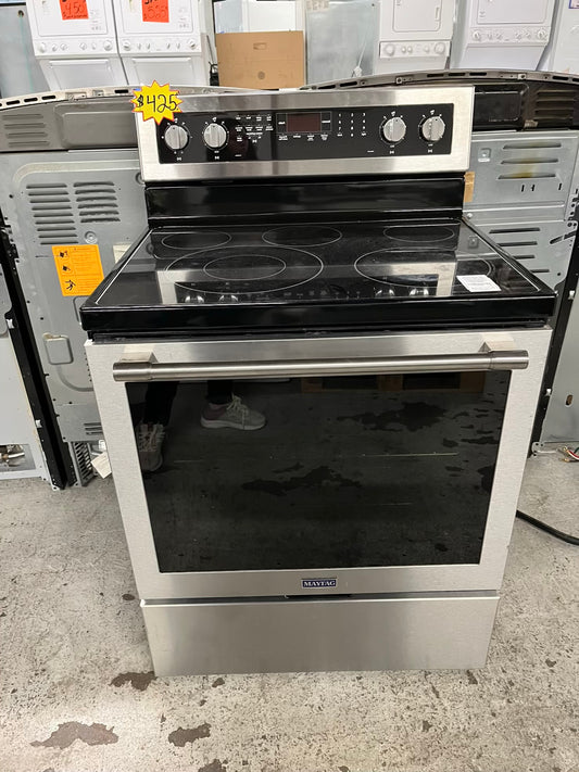 -Maytag glass top electric range 220v 5 burner warm zone convection bake roast broil self clean Refurbished stainless steel 30" #ER338NB