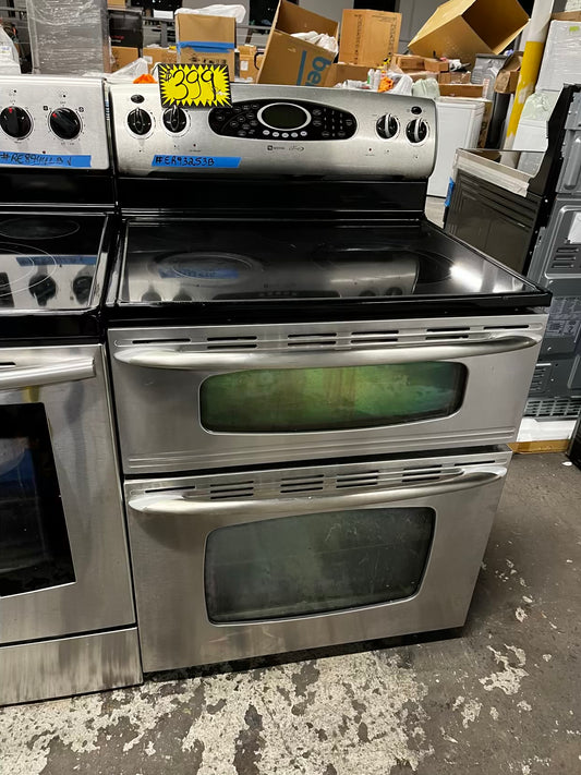 Maytag electric 220v glass top double oven range 5 burner Refurbished convection bake Broil self clean stainless steel 30" #ER93253B