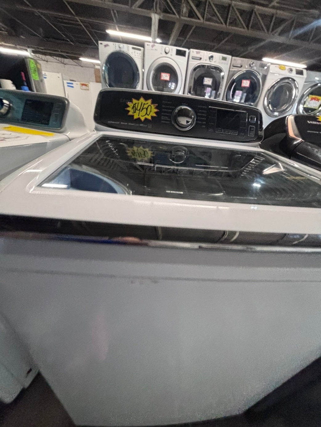 >*july 4th sale 🇺🇸samsung white  top top load washer large capacity & dryer set electric 220v side x side top load stainless steel drum white color used-refurbished #WSYH55B