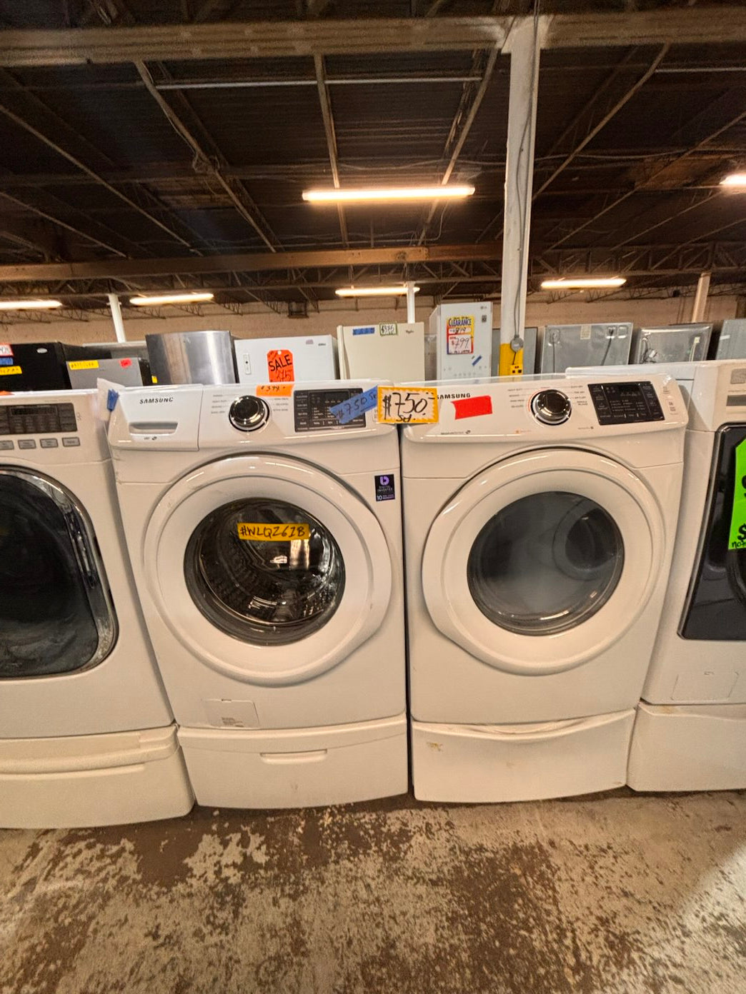 }}Samsung used- refurbished front load electric 220v dryer & washer large  capacity with pedestals in white color 27” working 💯 with warranty #FLSG427B