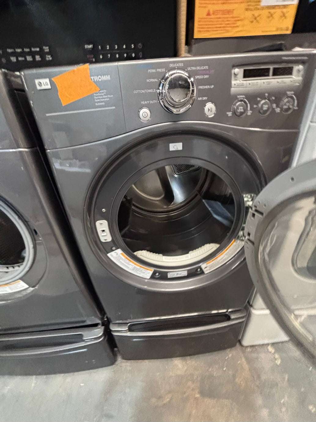 }LG used- refurbished front load electric 220v dryer & washer large  capacity with pedestals in gray color 27” #FLSGTV7B