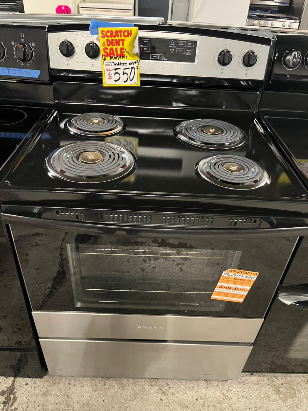 open box New scratch&Dent Amana electric coil top  range 4 bake broil & warm burner stainless steel #ERGC26VB