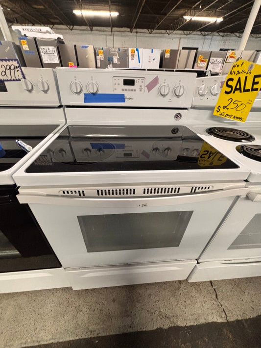 <whirlpool Glass Top electric stove white bake broil 4 burner Self clean 30” white Refurbished #WWE76B