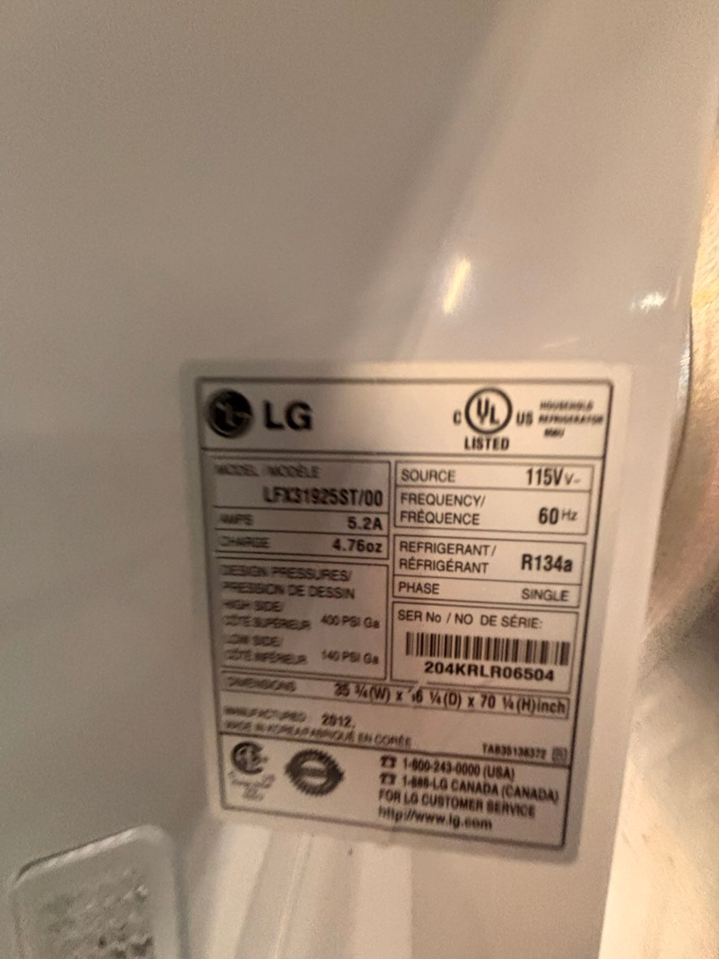 }LG used-Refurbished LG 36”w x69h x 30” depth refrigerator stainless steel w/ice & water dispenser  #FDLS3073B