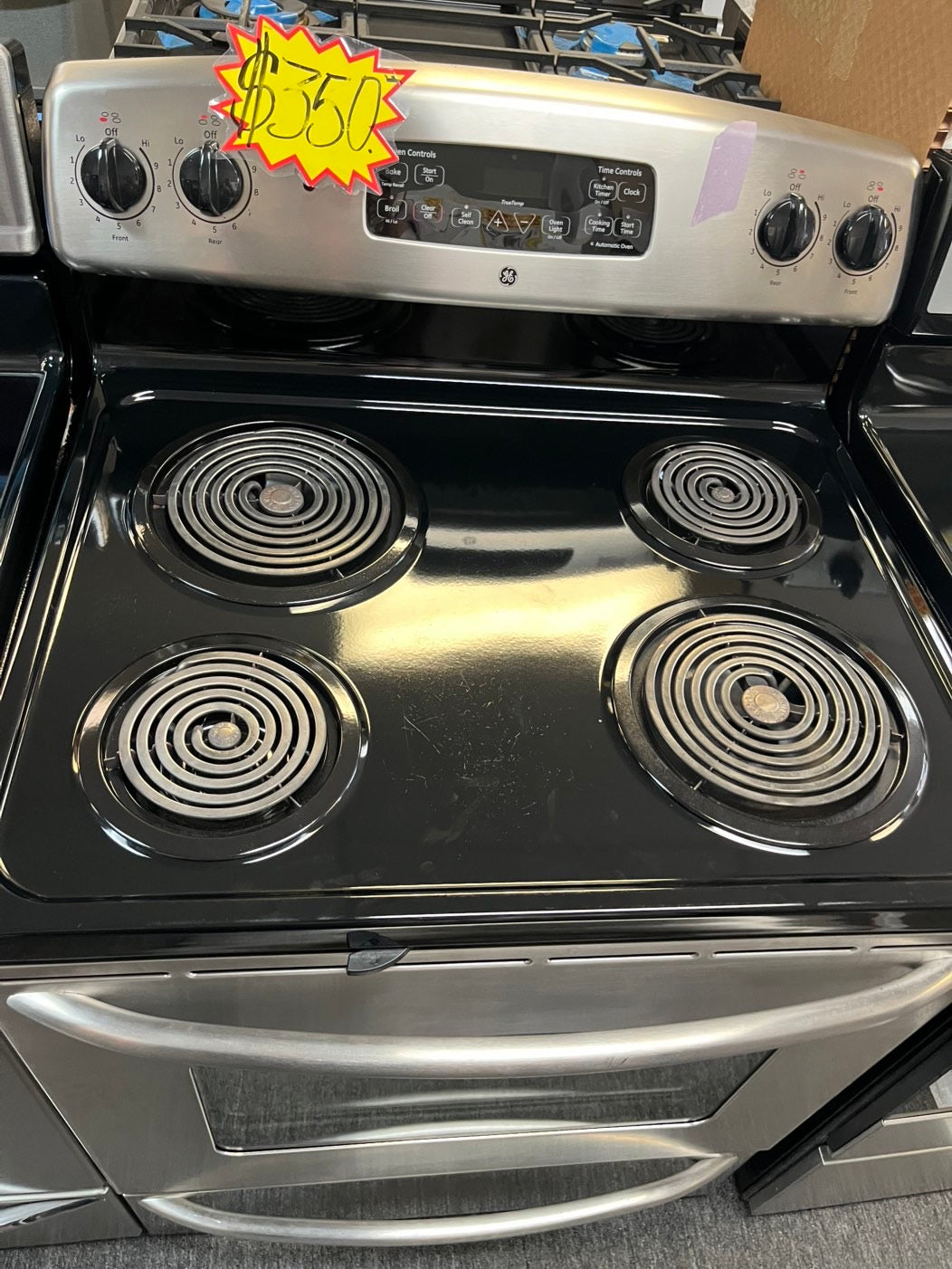 =GE Coil Top electric stove white bake broil 4 burner Self clean 30” stainless steel used-Refurbished #ELGE28NL