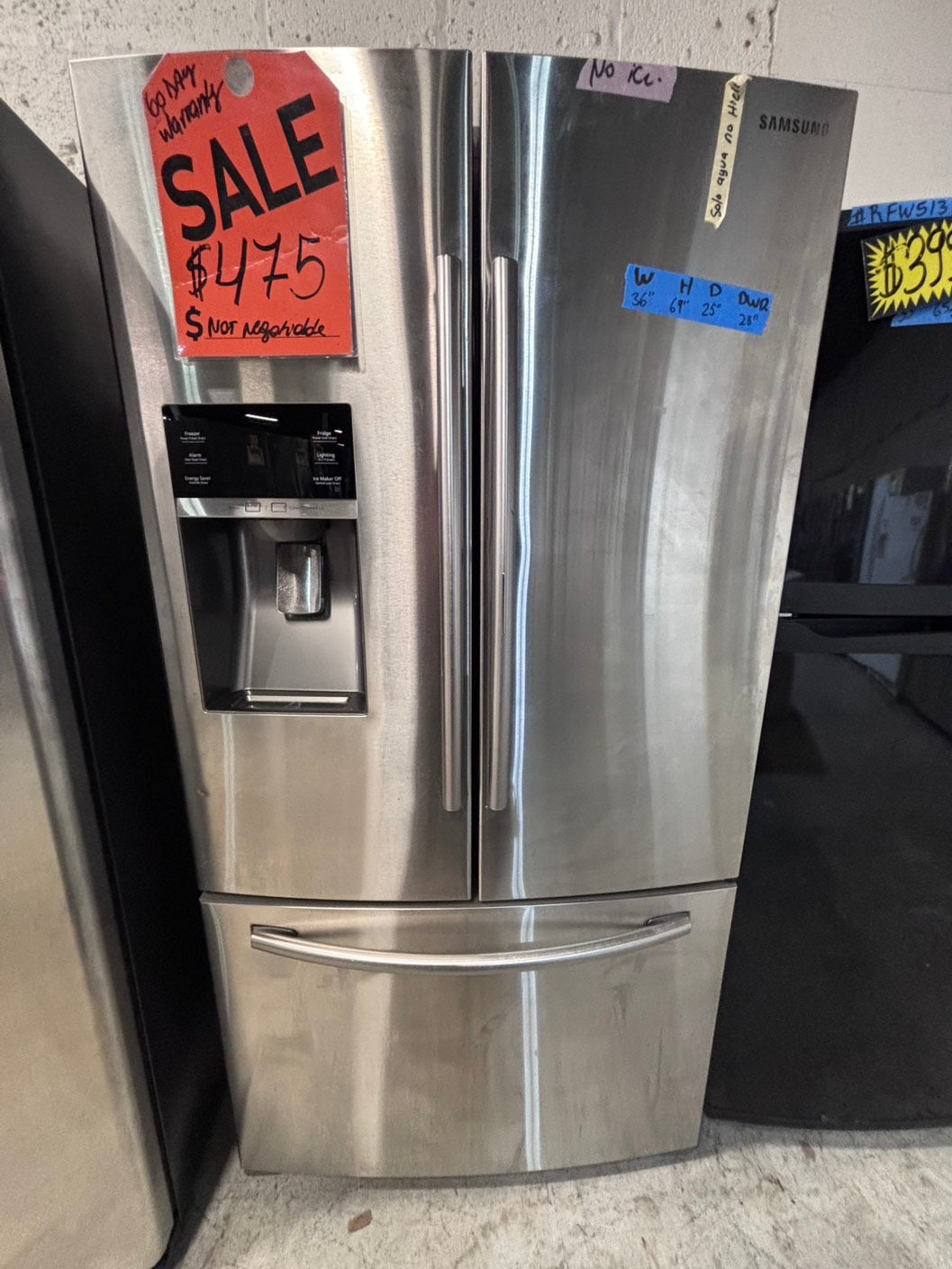>*36”samsung counter depth French doors  fridge  stainless steel (ice maker & water doesn’t work) doesn’t affect on the others functions. 36” #SA24MAB