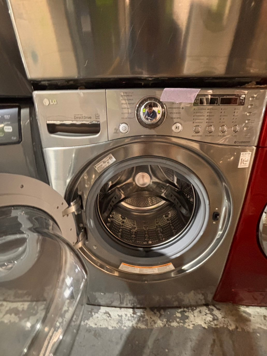 >*Used-great conditions refurbished LG steam washer 4.5cu ft & electric steam dryer 7.5 cu ft large capacity set electric 220v front load stackable or side by side - sensor dry He in silver-gray  #W995SET