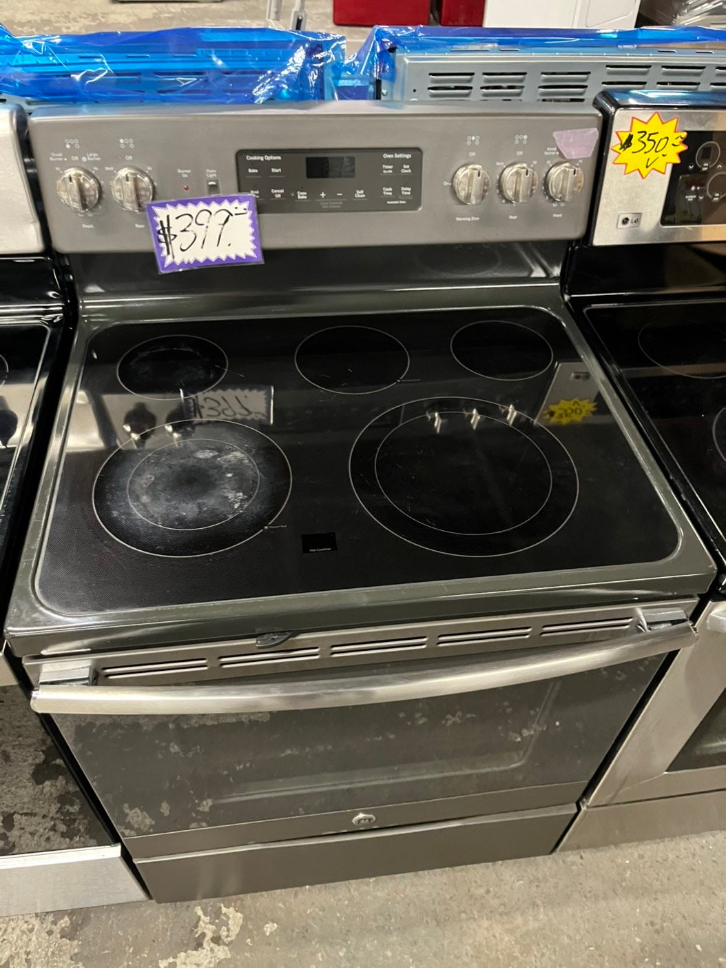 -GE glass top electric range 220V  5  burner warm zone convection bake broil power boil self clean Refurbished Slate 30" #ERS89B