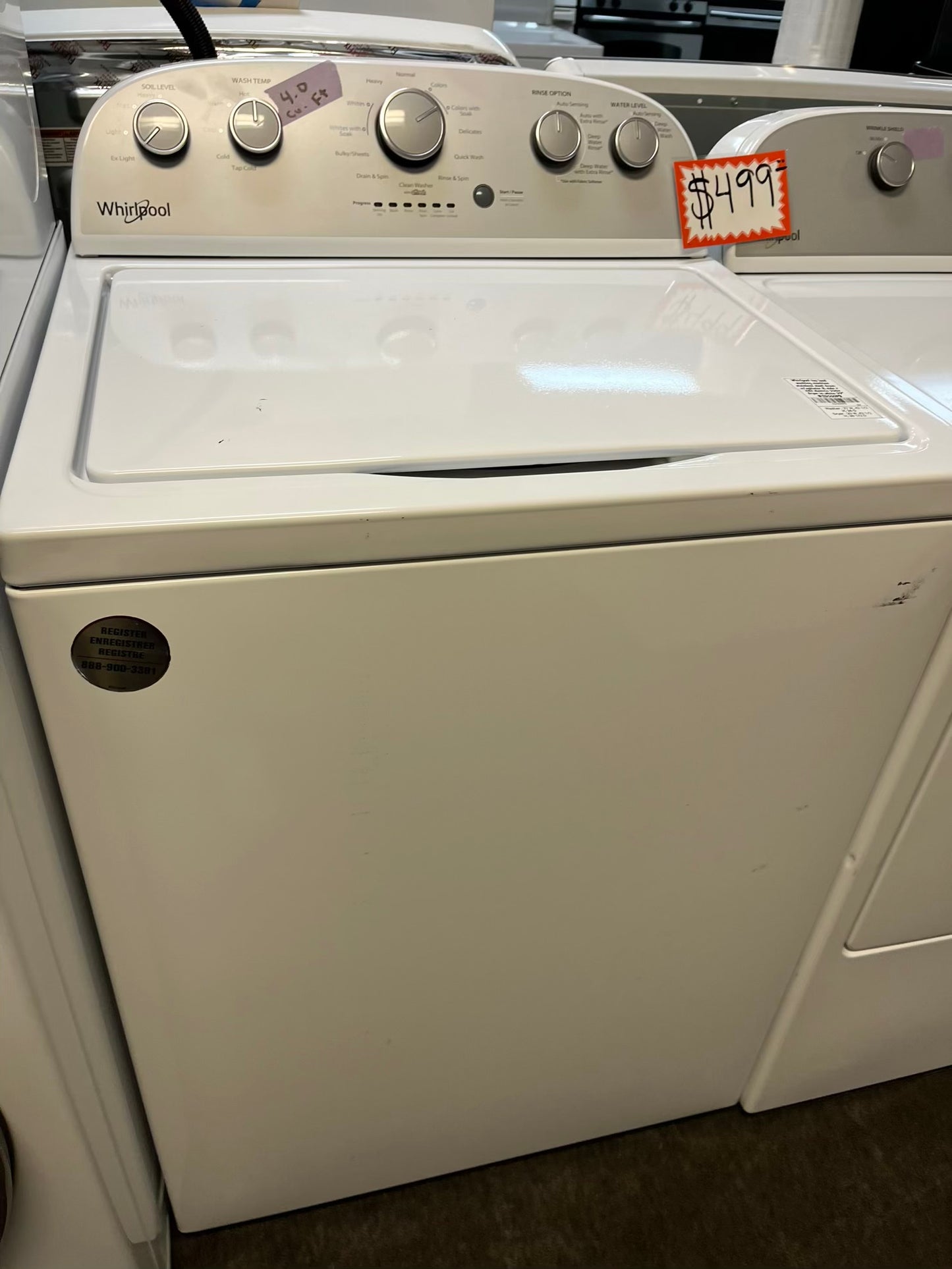 - Whirlpool top load washing machine 4.0 cu ft stainless steel drum w/agitator & side x side electric 220v dryer in white 29" #ED500PB-TR