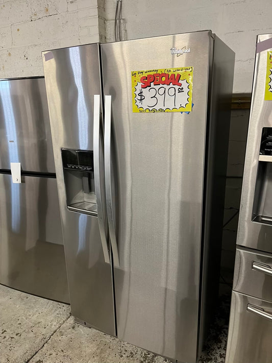 - Whirlpool Side x side  Refrigerator stainless steel  NO ice maker /  NO water dispenser - item number #RF739AB 36” in Refurbished