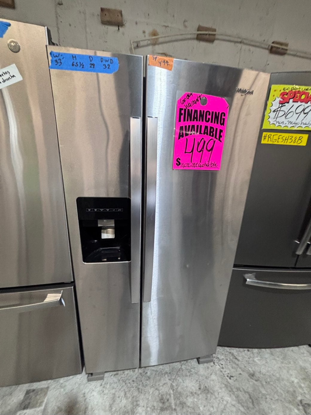 }SALE🔥🔥LG 33”x 65.1/2 h x 29”depth side by side Refrigerator and freezer with ice & water #WS33XV3B