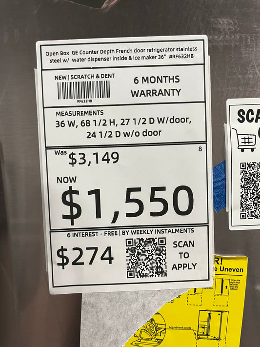 Open Box 📦 GE French Door Counter Depth Refrigerator stainless steel w/ice maker & water dispenser inside - Item number #RF632HB 36” in