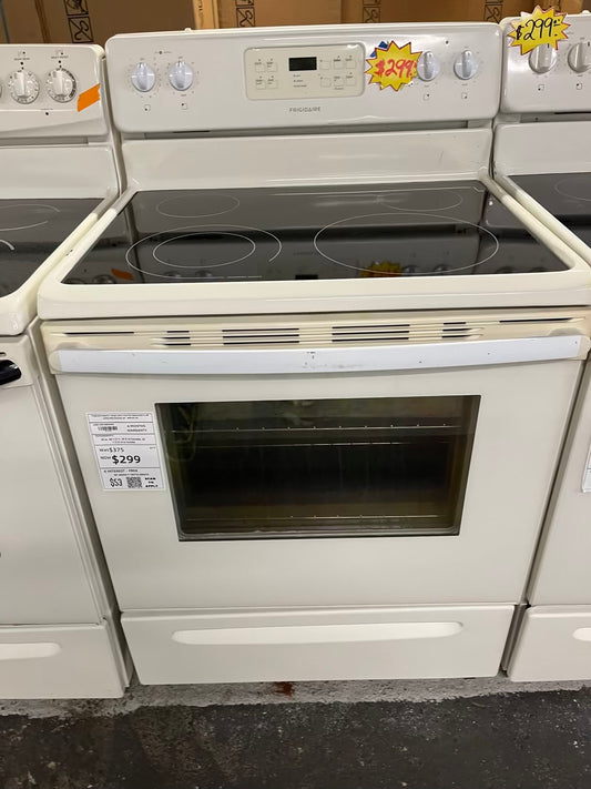 Frigidaire electric range 220v 4 burner bake broil in off white Refurbished 30" #ER181UB