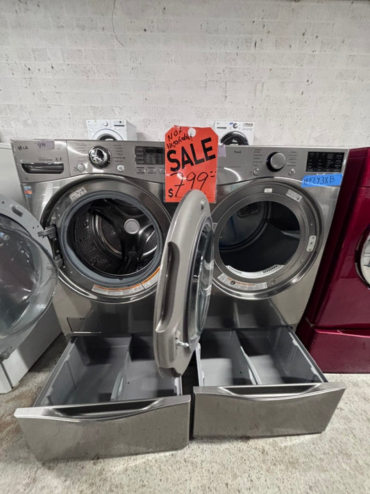 >LG front load washer & dryer set electric 220v large capacity with pedestals in stainless steel 27” #ELY3XB