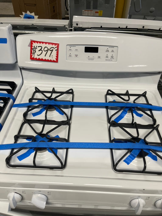 =GE Gas range 4 burner bake broil Hi/Lo self clean in white used-Refurbished 30” #GERG12B