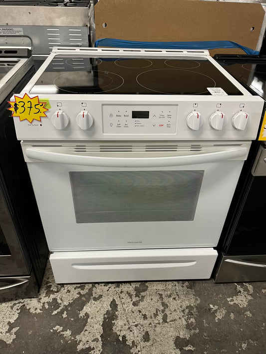 -Frigidaire slide in Glass top electric 220v range 5 burner warm zone bake broil self clean in white 30" Refurbished #ER749JB-TR