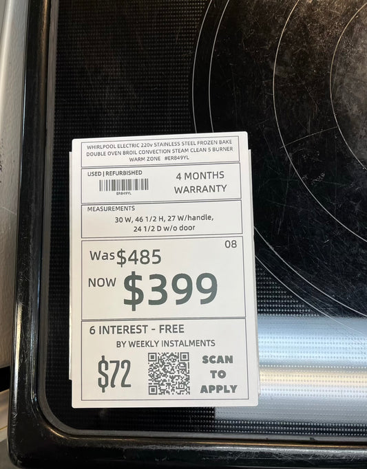 WHIRLPOOL ELECTRIC 220v STAINLESS STEEL FROZEN BAKE DOUBLE OVEN BROIL CONVECTION STEAM CLEAN 5 BURNER WARM ZONE #ER849YL