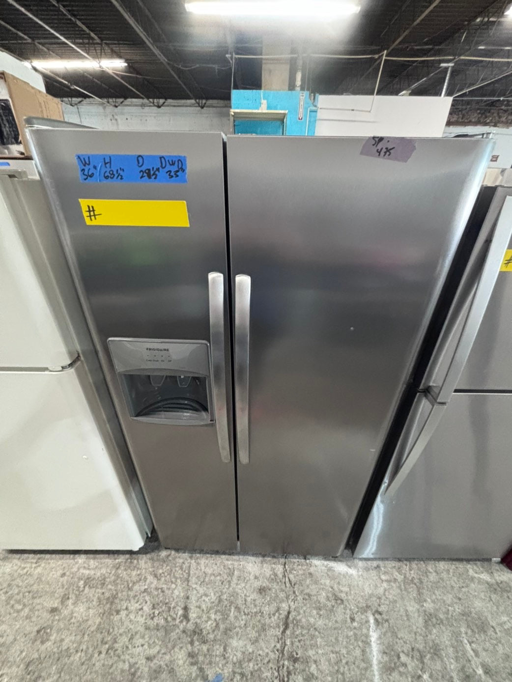 >*36”frigidaire side by side Refrigerator and freezer stainless steel w/ice water dispenser 36” #RFFC9LB