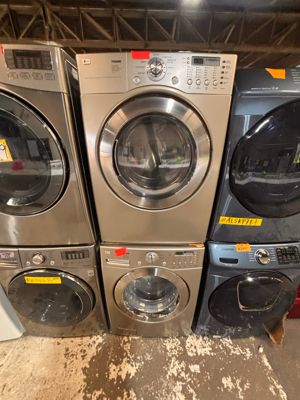 } } special🔥LG washer & dryer set large capacity,electric 220v front load stackable or side by side - sensor dry , working 💯 with warranty ! in silver-gray color used,refurbished #LGGY14SET