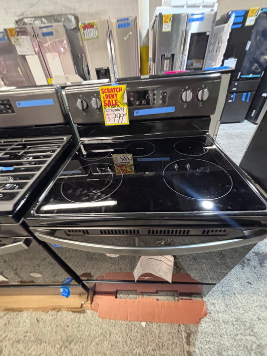 >>new open box New whirlpool electric glass top range ,bake /broil  black stainless steel #ERZZ3VB