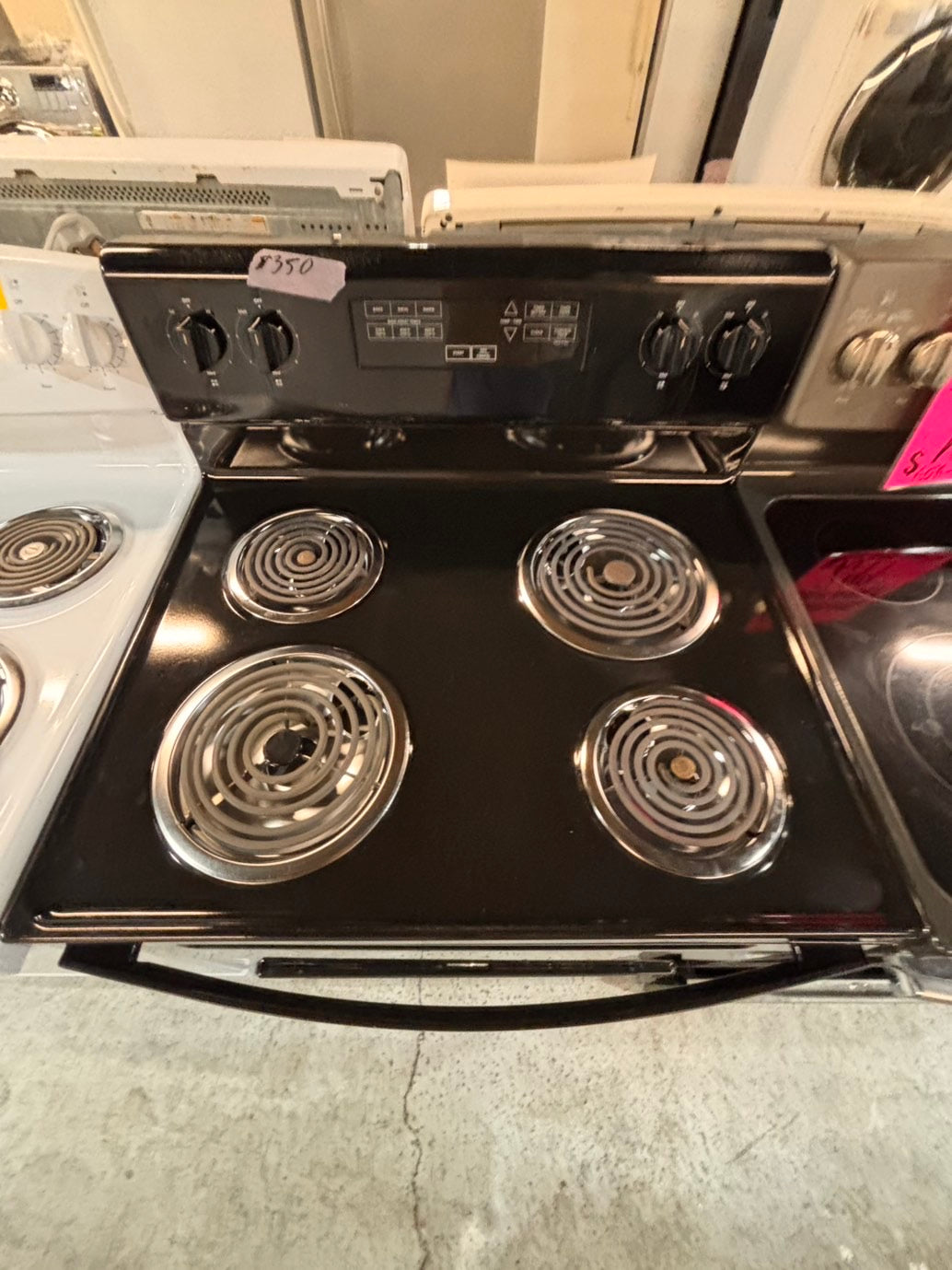 >*/Whirlpool  black  electric coil top range coil 220v bake /Broil 4 burner used-Refurbished  great condition 30" #AW554B