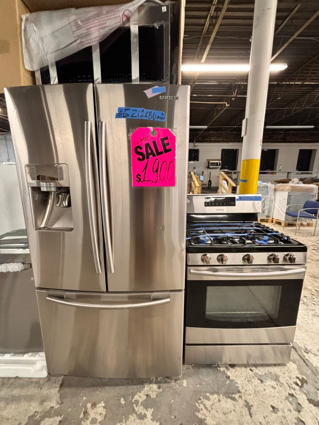 >special combo 4pc. Samsunf French door Refrigerator 36” stainless steel w/  ice & water dispenser,gas stove 5 burners ,new scratch and dent over the range microwave & dishwasher all same brand #JZ1216BCOMBO