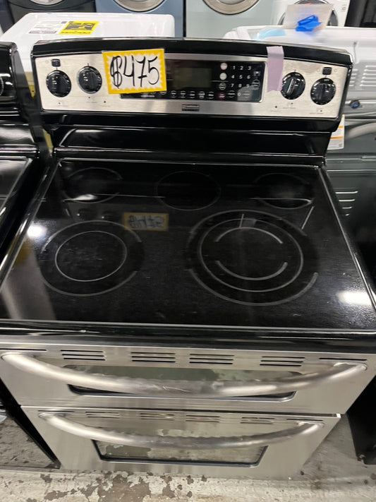 -Used Kenmore glass top electric range 220v 5 burner warm zone Refurbished stainless steel bake Broil self clean 30"  Double oven #ELD12B