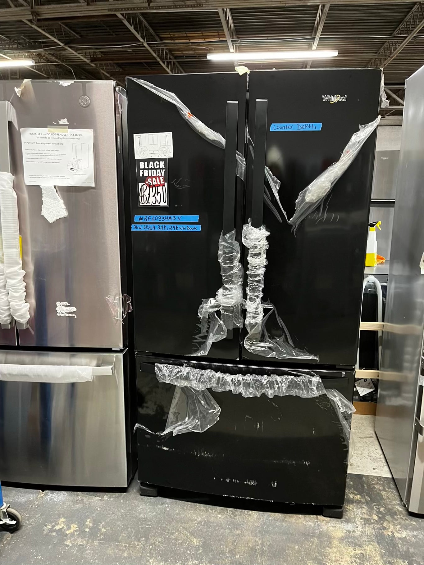 ~ ⚡️ Black Friday 🎉 Open Box 📦 scratch & Dent 36 in. 20 cu. ft. Counter Depth French Door Bottom Mount Refrigerator in Black with Elevated Deli Drawer Stock number #RF10934AB