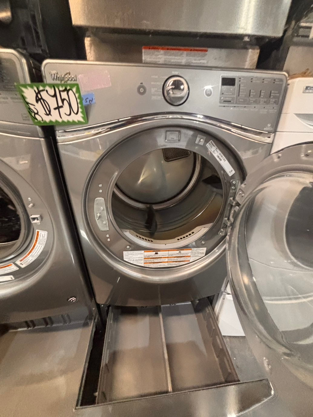 >*SALE🔥used- refurbished whirlpool front load electric 220v dryer & washer large  capacity with pedestals in silver color 27” #WSS8KV7B