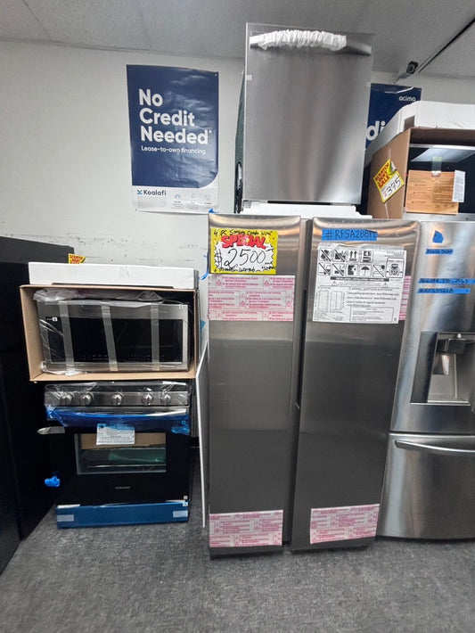 >🥳📣special combo 3pc. Open box 📦 New S/d samsung 36” side by side Door fridge, gas stove 30” in & Microwave oven the range stainless steel all same brand        #RFM3SDL