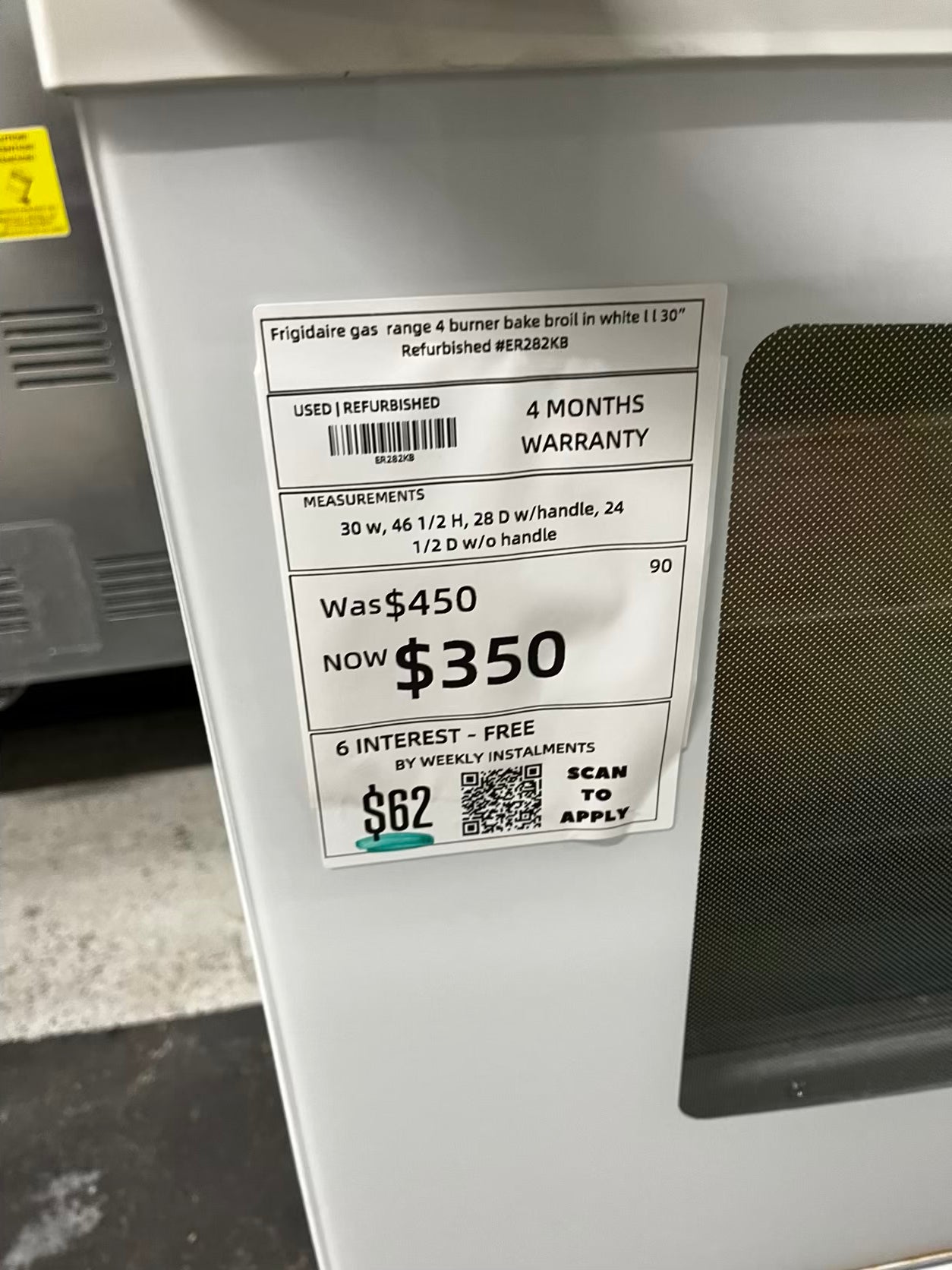 * Frigidaire gas range 4 burner bake broil in white 11 30" Refurbished #ER282KB