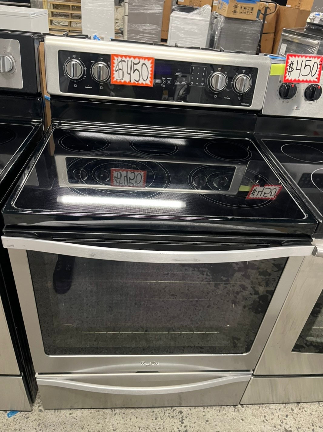 -Whirlpool glass top electric range 220v 5 burner warm zone convection oven Refurbished stainless steel bake Broil  self clean 30" #ERWL22B