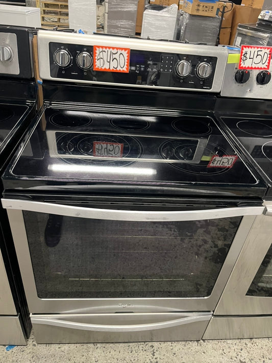 -Whirlpool glass top electric range 220v 5 burner warm zone convection oven Refurbished stainless steel bake Broil  self clean 30" #ERWL22B