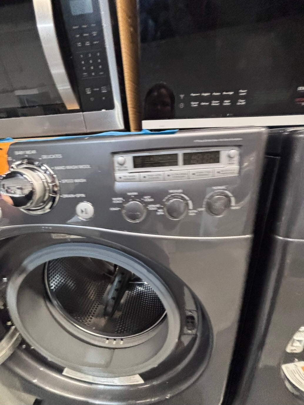 }LG used- refurbished front load electric 220v dryer & washer large  capacity with pedestals in gray color 27” #FLSGTV7B