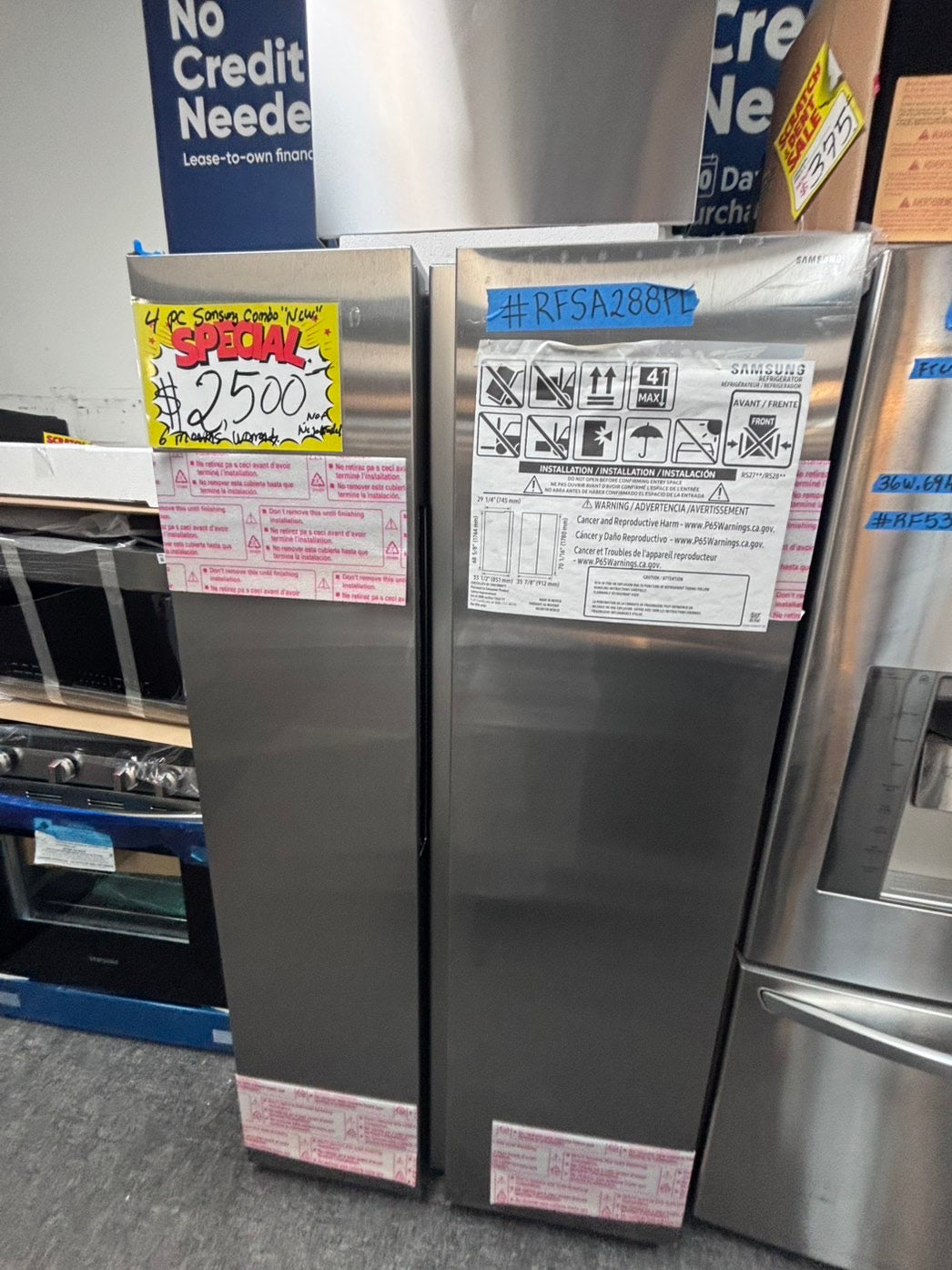 >🥳📣special combo 3pc. Open box 📦 New S/d samsung 36” side by side Door fridge, gas stove 30” in & Microwave oven the range stainless steel all same brand        #RFM3SDL