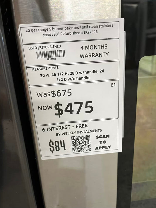 LG gas range 5 burner bake broil self clean stainless steel I 30" Refurbished #ER275RB